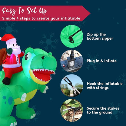 6ft Long LED Santa Inflatable Ride On Dinosaur