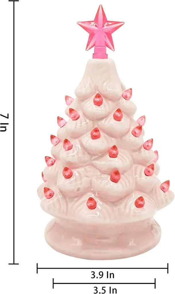 Pink Prelit Tabletop Ceramic Christmas Tree 7in