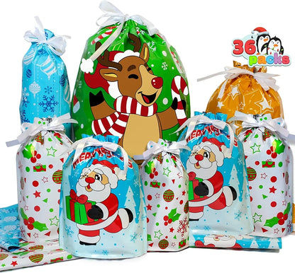 36pcs Drawstring Christmas Goodie Bags Assorted Size