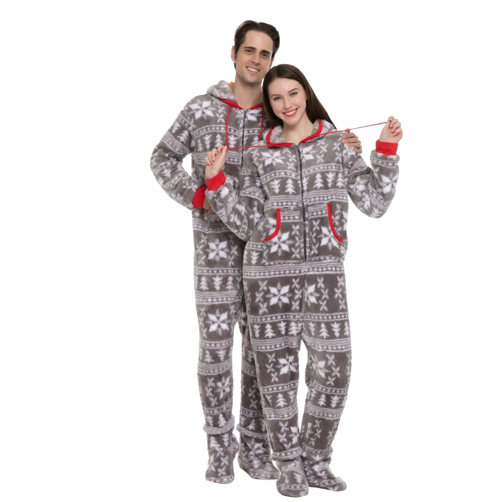 One Piece Hooded Flannel Christmas Pajamas