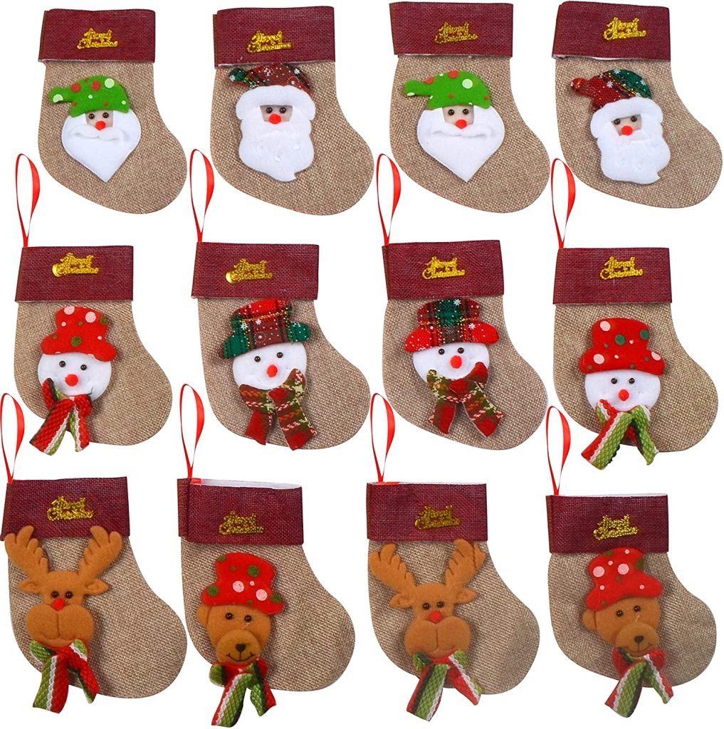 12pcs 3D Plush Burlap Mini Christmas Stockings