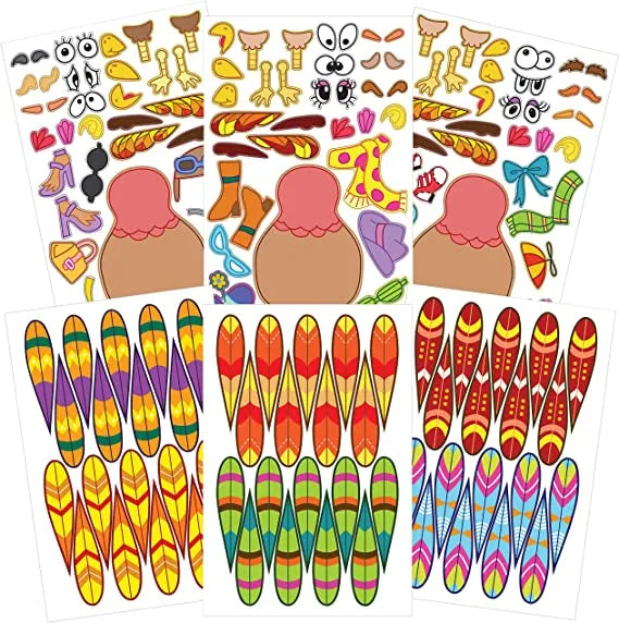 36Pcs Thanksgiving Make-a-Turkey Sticker Sheets