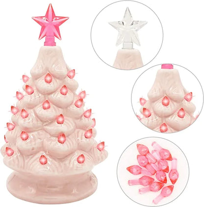 Pink Prelit Tabletop Ceramic Christmas Tree 7in