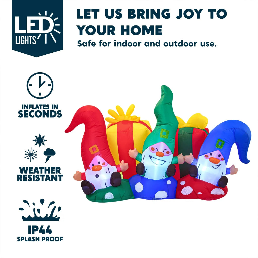 6ft Inflatable LED Three Happy Christmas Gnome