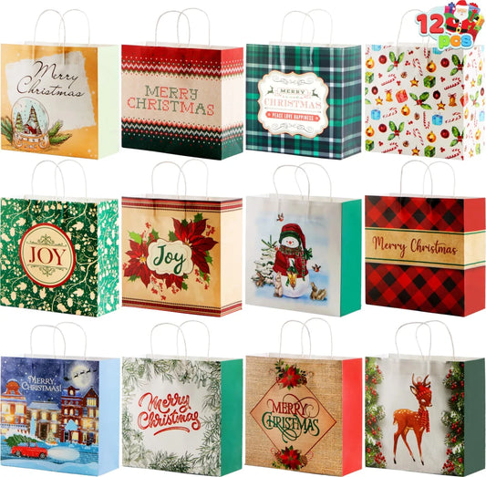 12 PCS Christmas Kraft Paper Gift Bags 12” X 12” X 5”