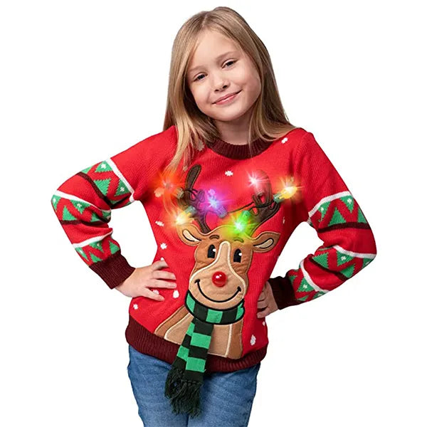 Kids LED Light Up Red Christmas Sweater Reindeer