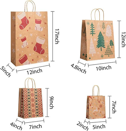 12pcs Reusable Kraft Paper Christmas Gift Bags with Handle