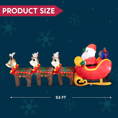 9.5 ft Giant Santa on Sleigh with Three Reindeers Inflatable