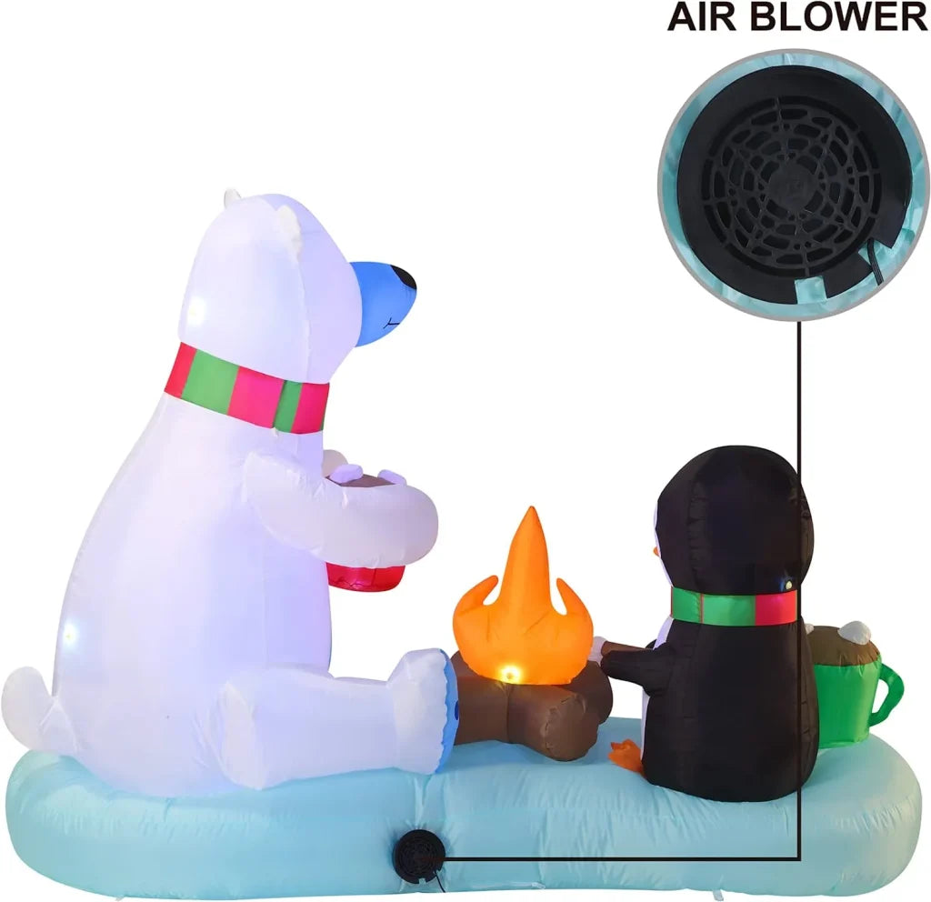 6ft Long Inflatable Polar Bear and Penguin with Campfire