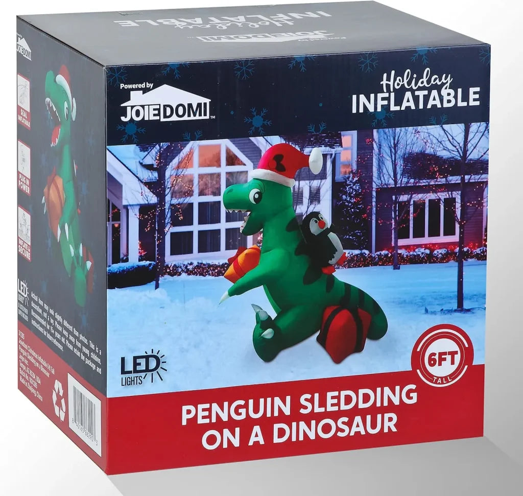 6ft Inflatable Christmas Penguin Sledding on Dinosaur