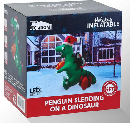 6ft Inflatable Christmas Penguin Sledding on Dinosaur