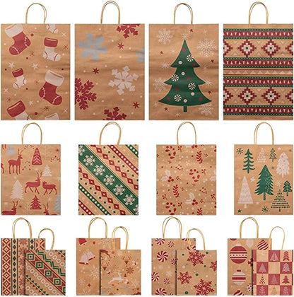 12pcs Reusable Kraft Paper Christmas Gift Bags with Handle