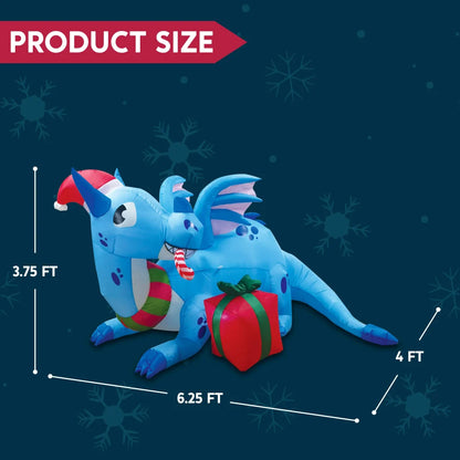 6ft LED Blue Christmas Inflatable Dragon Guarding Gift