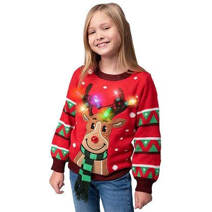 Kids LED Light Up Red Christmas Sweater Reindeer