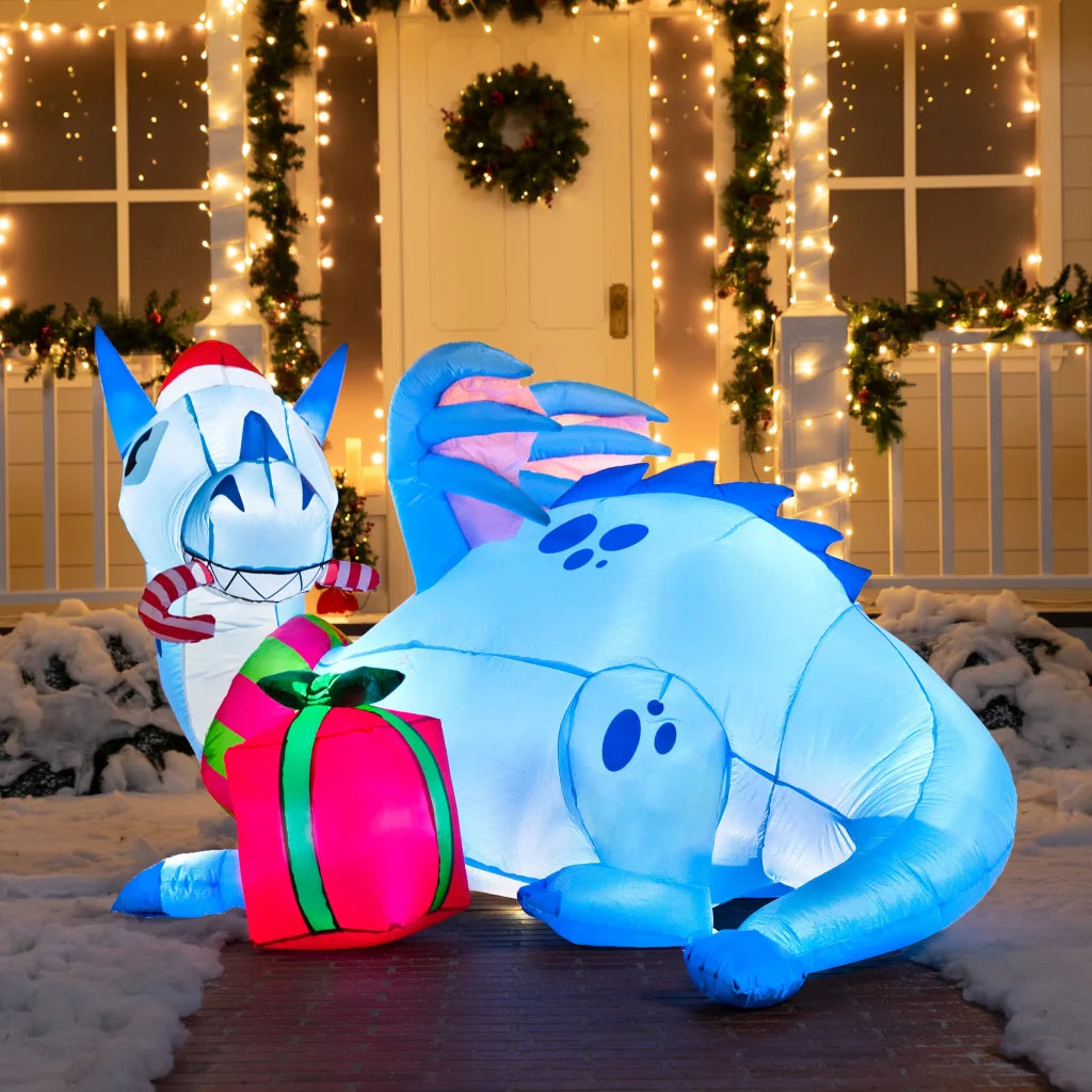 6ft LED Blue Christmas Inflatable Dragon Guarding Gift