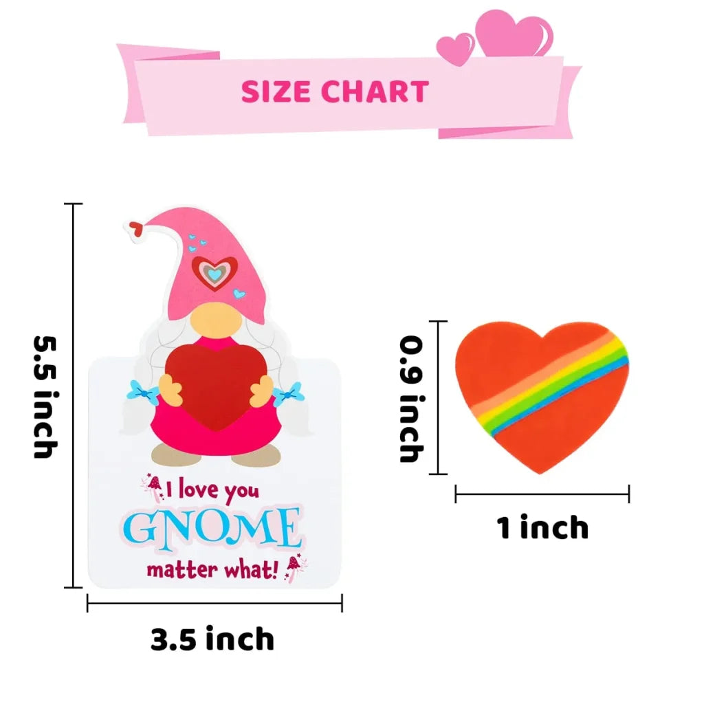 28Pcs Gnomes Heart Kids Valentines Cards with Erasers-Classroom Exchange Gifts