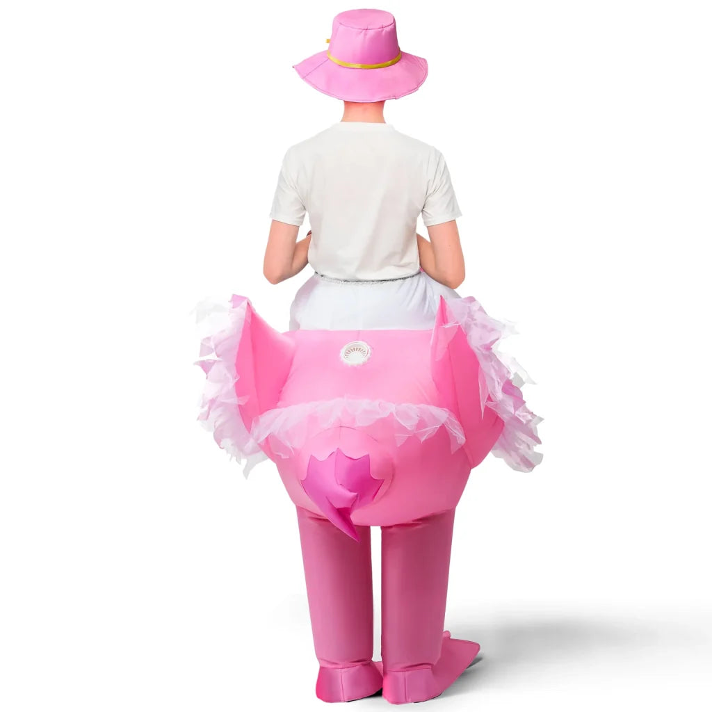 Riding an Elegant Flamingo Inflatable Halloween Costume