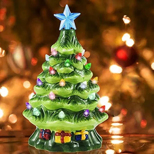 Mini Pre lit Ceramic Tabletop Christmas Tree 7in