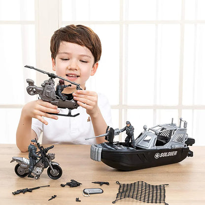 9pcs Combat Boat and Military Vehicle Toy Set