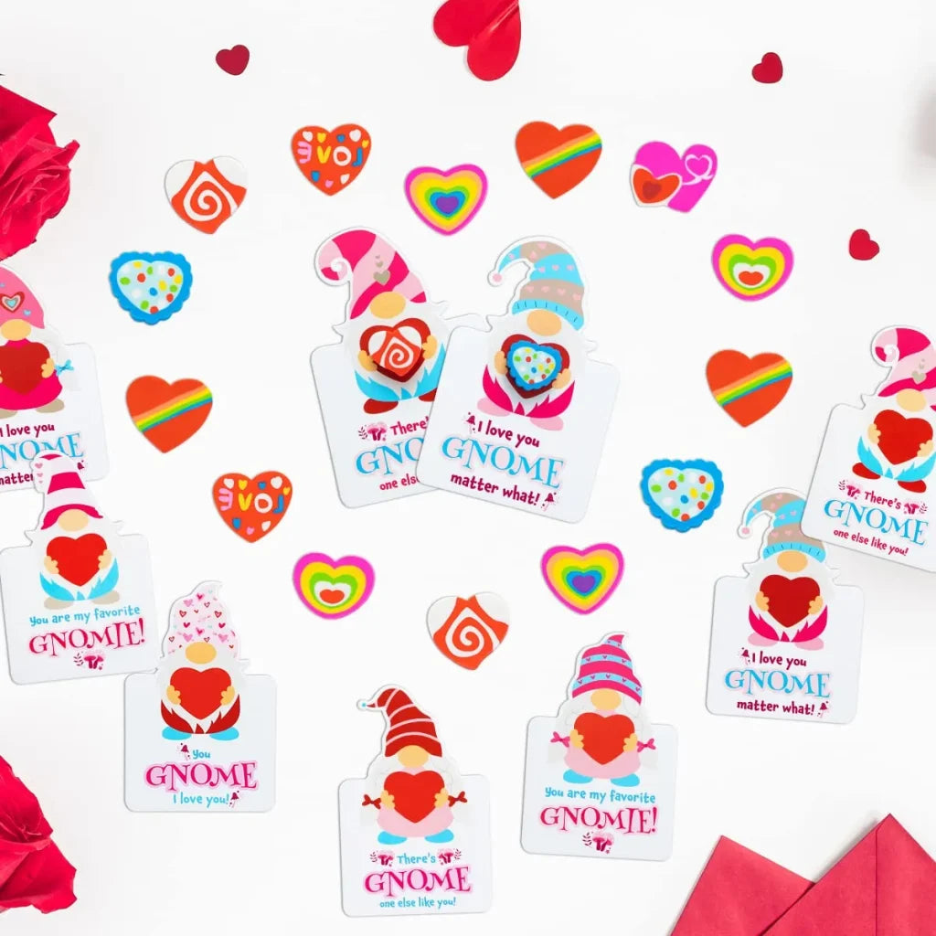 28Pcs Gnomes Heart Kids Valentines Cards with Erasers-Classroom Exchange Gifts