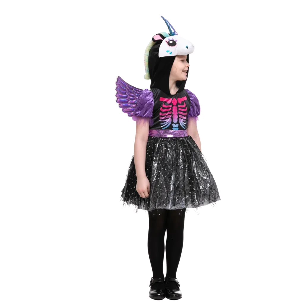 Girls Dark Unicorn Skeleton Dress Halloween Costume