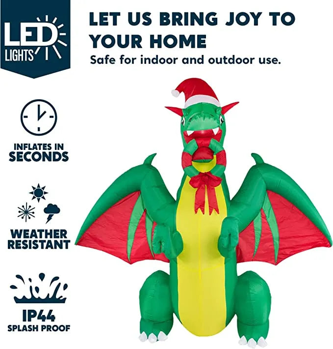 8ft LED Realistic Green Christmas Dragon Inflatable