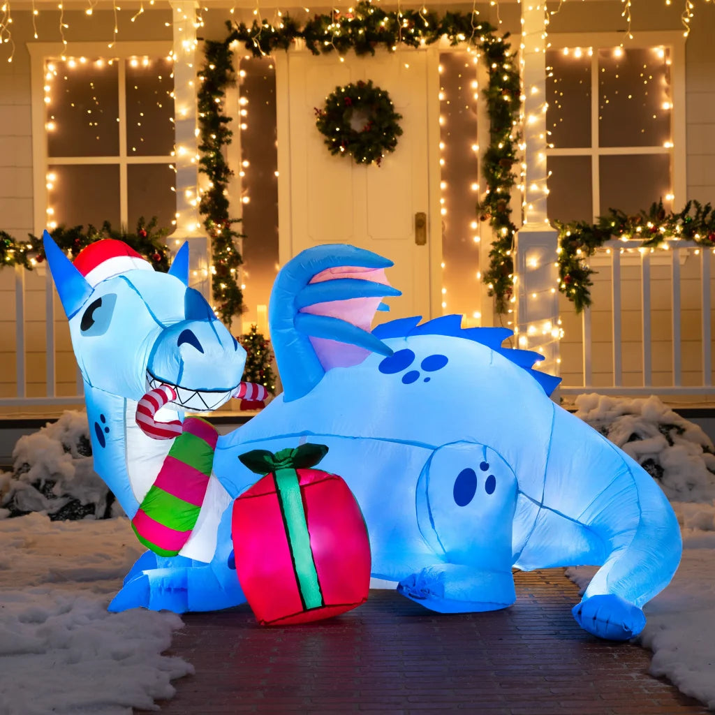 6ft LED Blue Christmas Inflatable Dragon Guarding Gift