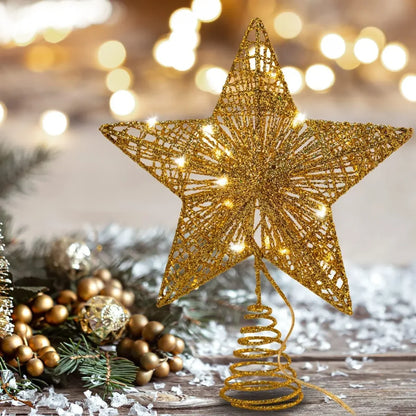 Christmas Glitter Lighted Gold Star Tree Topper