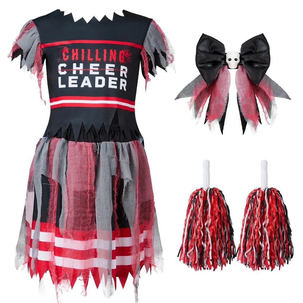 Girls Black and Red Dreadful Cheerleader Zombie Costume