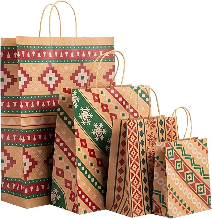 12pcs Reusable Kraft Paper Christmas Gift Bags with Handle