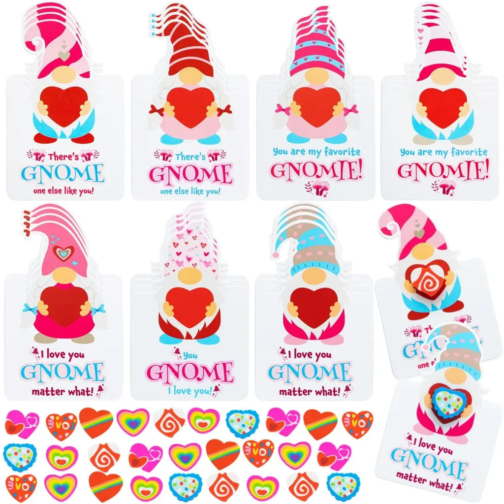 28Pcs Gnomes Heart Kids Valentines Cards with Erasers-Classroom Exchange Gifts