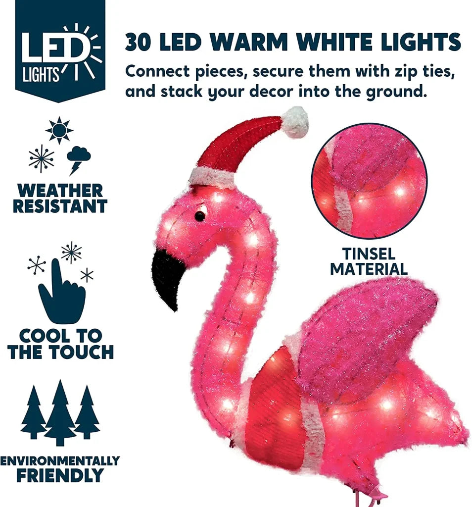 3ft 30 LED Tinsel Flamingo with Christmas Hat