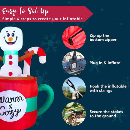 6ft LED Christmas Inflatable Snowman in Mug with Cookie