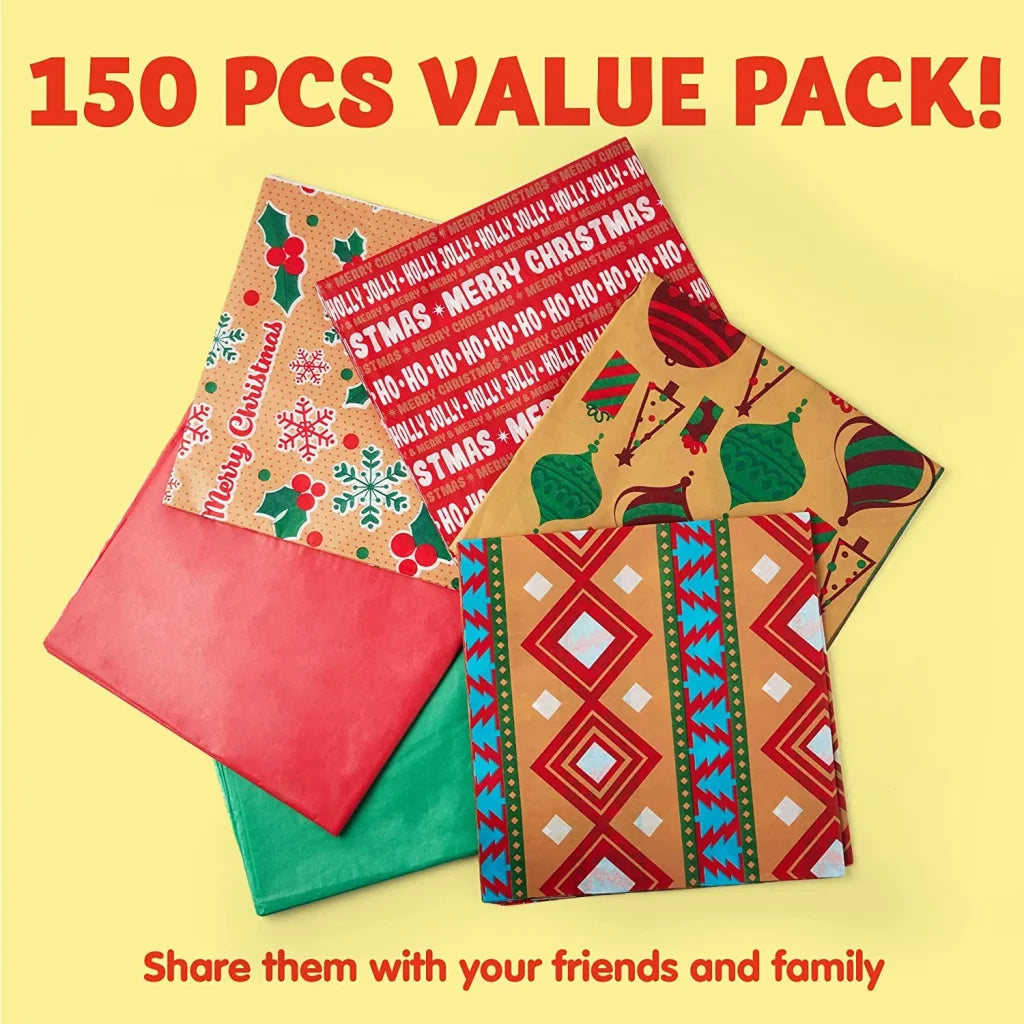 150pcs Christmas Printed Kraft Tissue Paper