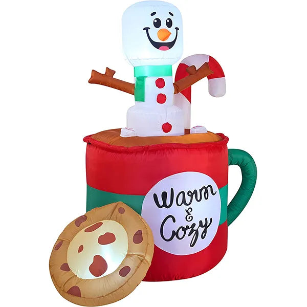 6ft LED Christmas Inflatable Snowman in Mug with Cookie