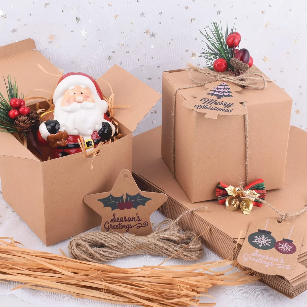 50pcs Brown Kraft Paper Gift Box with Lids and Grass Twines