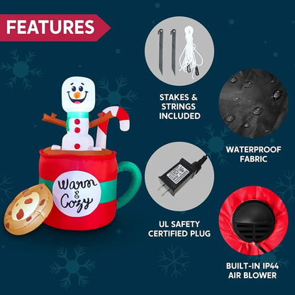 6ft LED Christmas Inflatable Snowman in Mug with Cookie