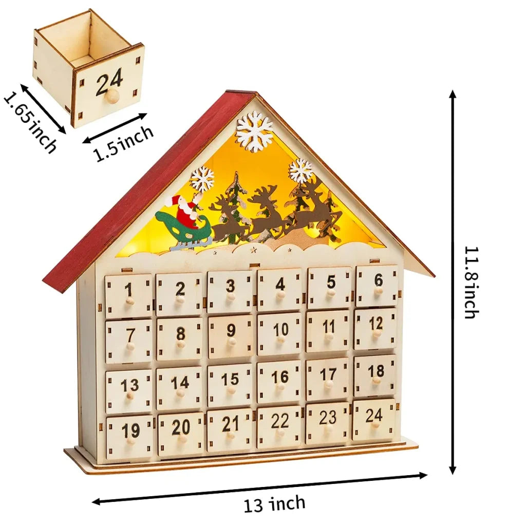 Christmas LED Wooden House Advent Calendar With 24 Drawers