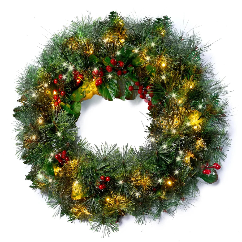 24 Inch Pre-Lit Christmas Wreath with Warm White LEDs