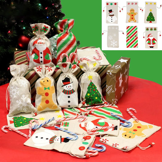 12pcs Assorted Christmas Canvas Drawstring Gift Bags