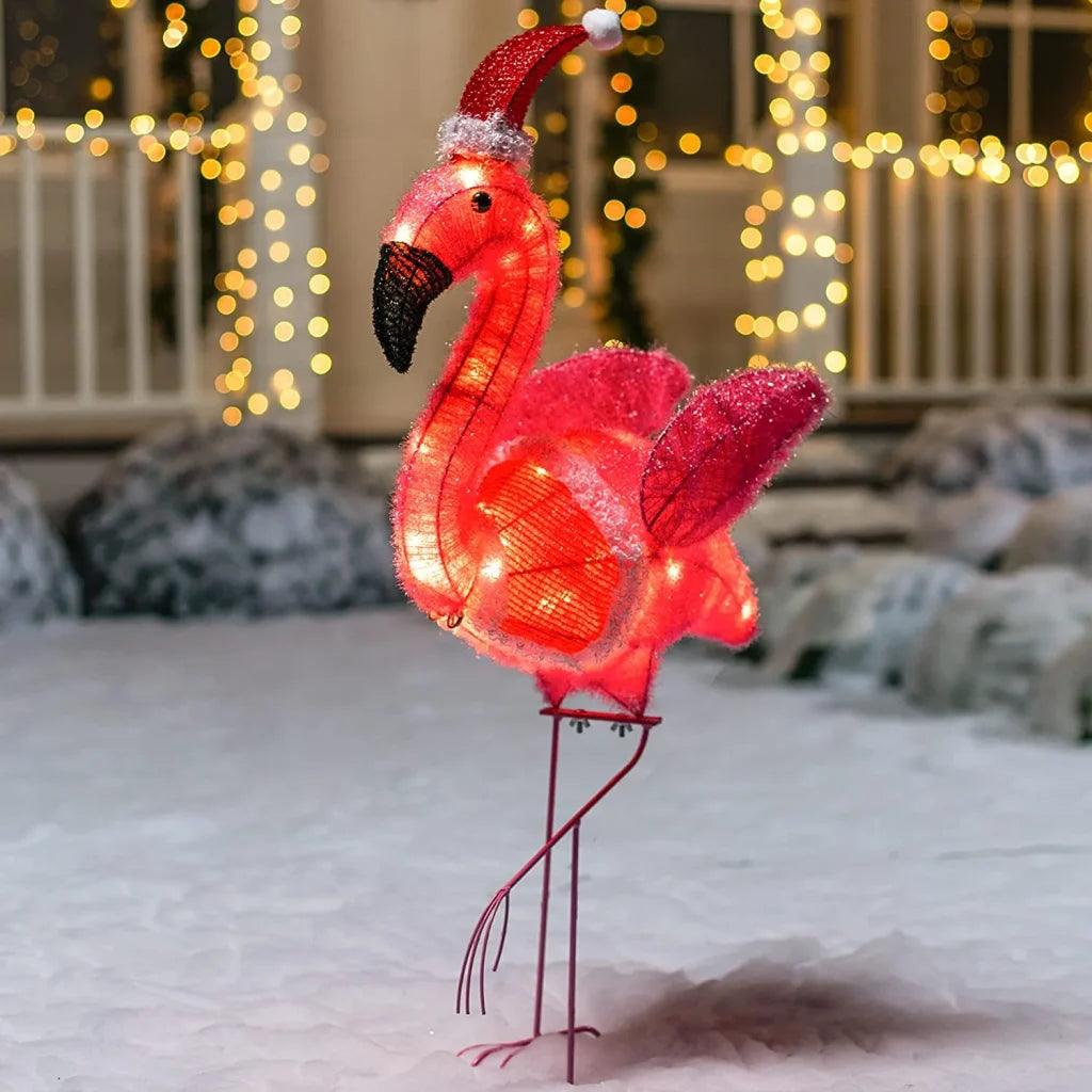 3ft 30 LED Tinsel Flamingo with Christmas Hat