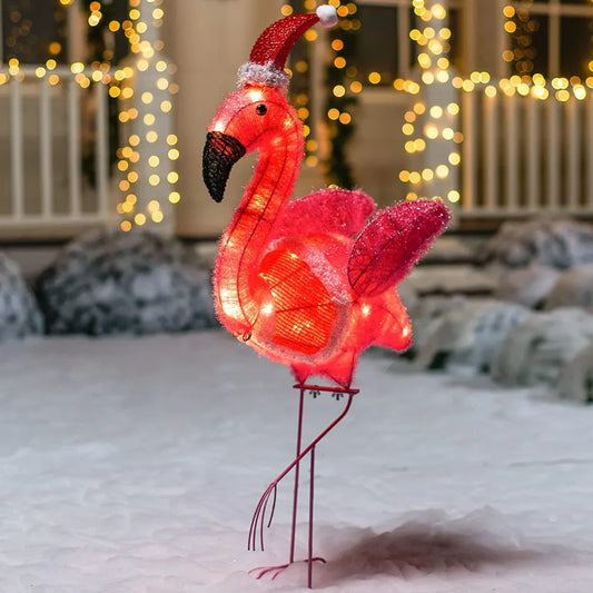 3ft 30 LED Tinsel Flamingo with Christmas Hat