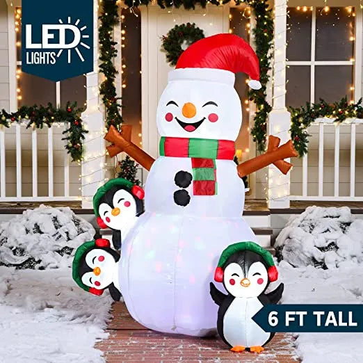 6ft LED Christmas Inflatable Snowman With Penguins