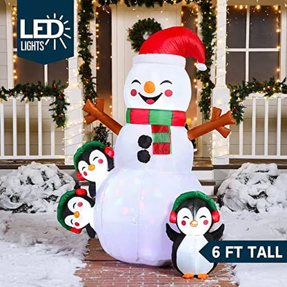 6ft LED Christmas Inflatable Snowman With Penguins