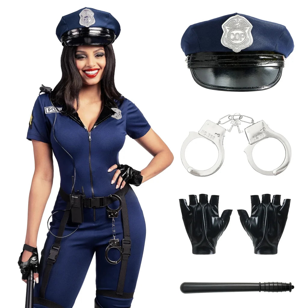 Women Blue Police Jumpsuit Costume