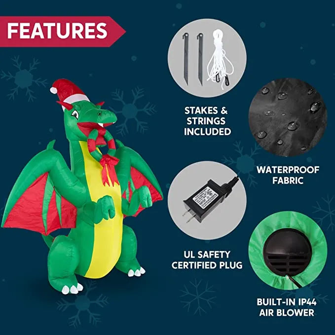 8ft LED Realistic Green Christmas Dragon Inflatable