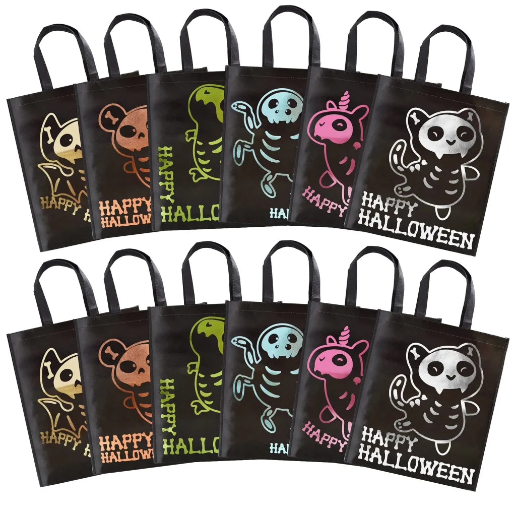 12Pcs Halloween Tote Bags with Shining Skeleton Designs