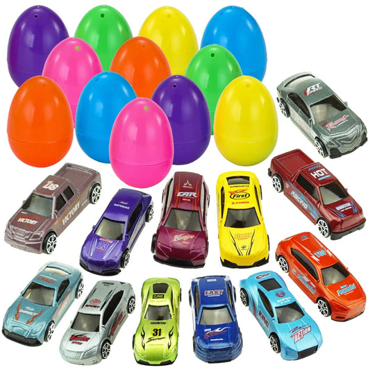 12Pcs Die Cast Cars Prefilled Easter Eggs 3.2in