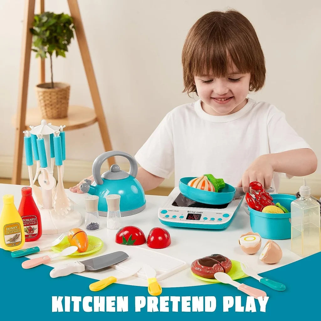 37Pcs Kids Kitchen Playset, Toddler Pretend Cooking Toy Set with Pans, Pots, Utensils Cookware Toys, Play Food, Cutting Vegetables