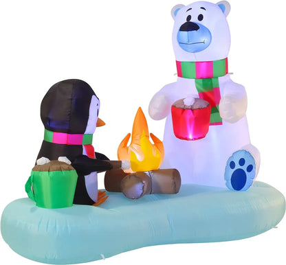 6ft Long Inflatable Polar Bear and Penguin with Campfire